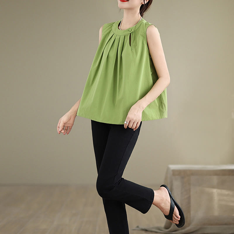 Buddha Stones Lato Jednolity Kolor Plisowany Projekt Halter Neck Bez Rękawów Bawełna Len Damska Kamizelka - image 22