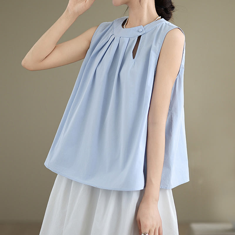 Buddha Stones Lato Jednolity Kolor Plisowany Projekt Halter Neck Bez Rękawów Bawełna Len Damska Kamizelka - image 2
