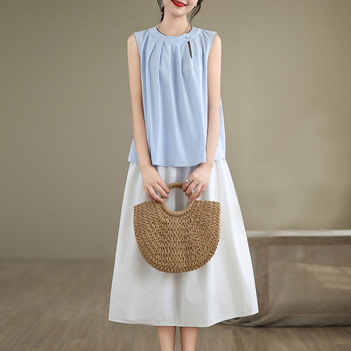 Buddha Stones Lato Jednolity Kolor Plisowany Projekt Halter Neck Bez Rękawów Bawełna Len Damska Kamizelka - image 4