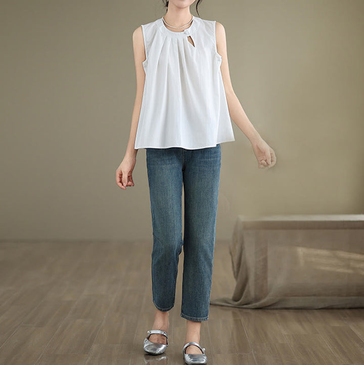 Buddha Stones Lato Jednolity Kolor Plisowany Projekt Halter Neck Bez Rękawów Bawełna Len Damska Kamizelka