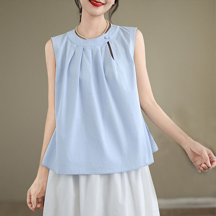 Buddha Stones Lato Jednolity Kolor Plisowany Projekt Halter Neck Bez Rękawów Bawełna Len Damska Kamizelka