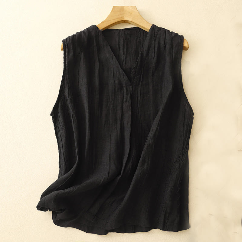 Buddha Stones Casual Lato Czysty Kolor Plisowany Projekt Bez Rękawów Damska Bawełna Lniana Kamizelka Z Dekoltem W Serek Kardigan - Czarny - US8-10，UK/AU12-14，EU40-42 (2XL) - image 9