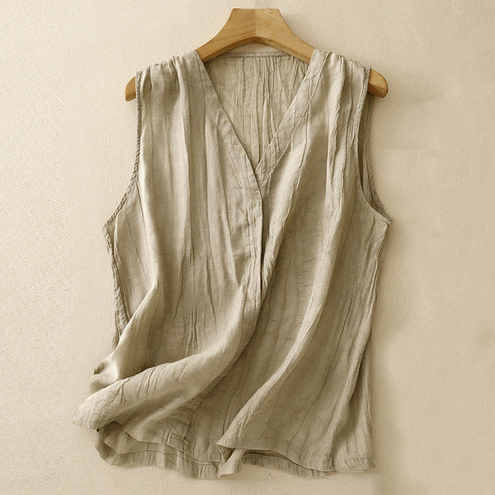 Buddha Stones Casual Lato Czysty Kolor Plisowany Projekt Bez Rękawów Damska Bawełna Lniana Kamizelka Z Dekoltem W Serek Kardigan - Khaki - US8-10，UK/AU12-14，EU40-42 (2XL) - image 0