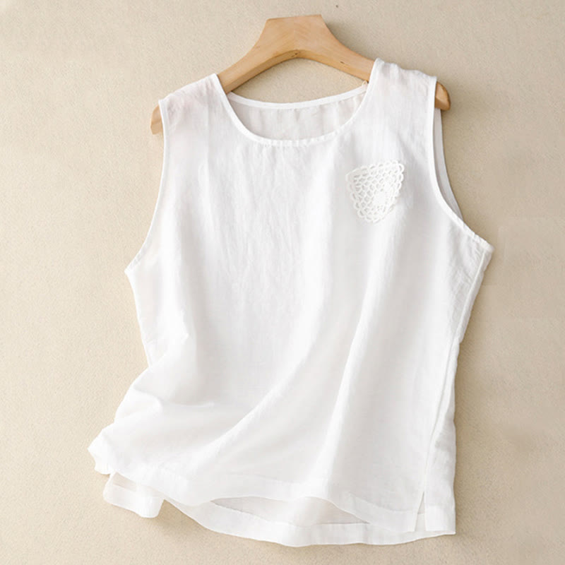 Buddha Stones Casual Pure Color Haft Patchwork Design Bez rękawów Okrągły Dekolt Damska Bawełniana Lniana Kamizelka - Biały - US12, UK/AU16, EU44 (3XL) - image 19