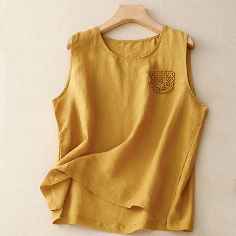 Buddha Stones Casual Pure Color Haft Patchwork Design Bez rękawów Okrągły Dekolt Damska Bawełniana Lniana Kamizelka - Złoto - US12, UK/AU16, EU44 (3XL) - image 0