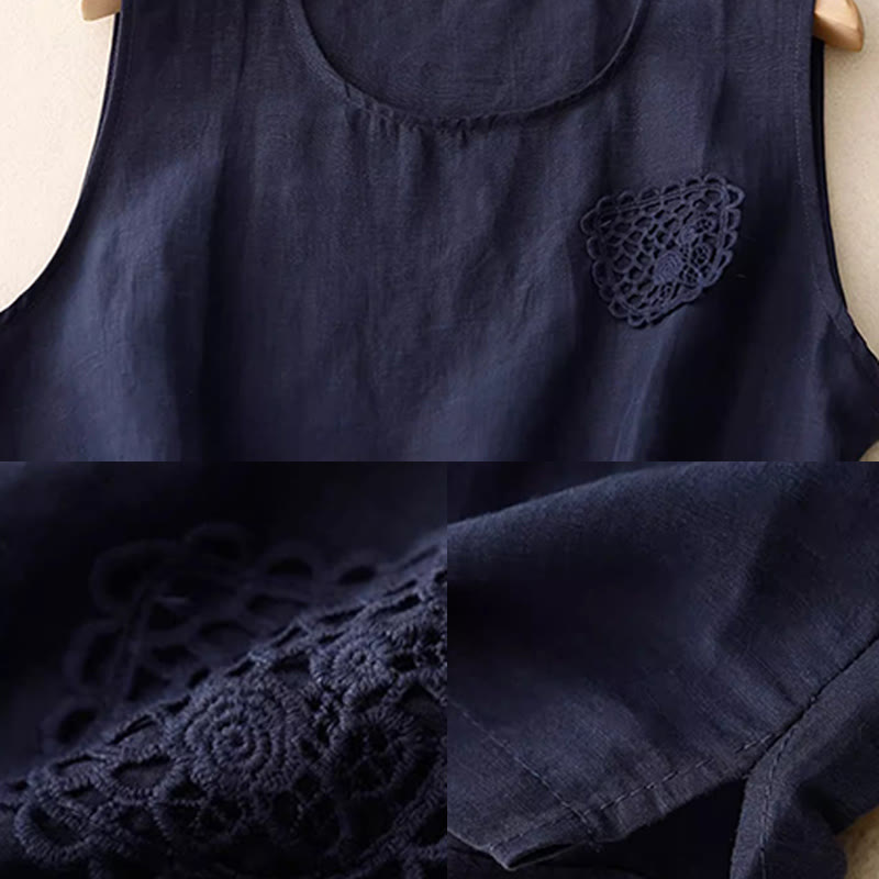 Buddha Stones Casual Pure Color Haft Patchwork Design Bez rękawów Okrągły Dekolt Damska Bawełniana Lniana Kamizelka - image 10