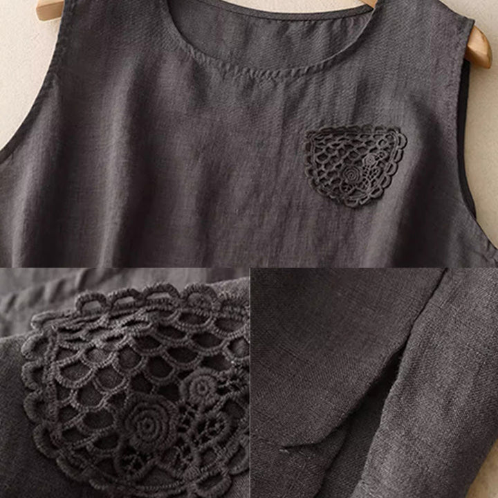 Buddha Stones Casual Pure Color Haft Patchwork Design Bez rękawów Okrągły Dekolt Damska Bawełniana Lniana Kamizelka - image 18