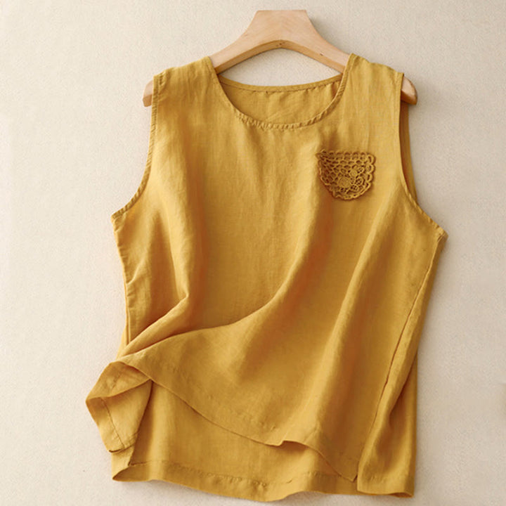 Buddha Stones Casual Pure Color Haft Patchwork Design Bez rękawów Okrągły Dekolt Damska Bawełniana Lniana Kamizelka - Złoto - US12, UK/AU16, EU44 (3XL) - image 0