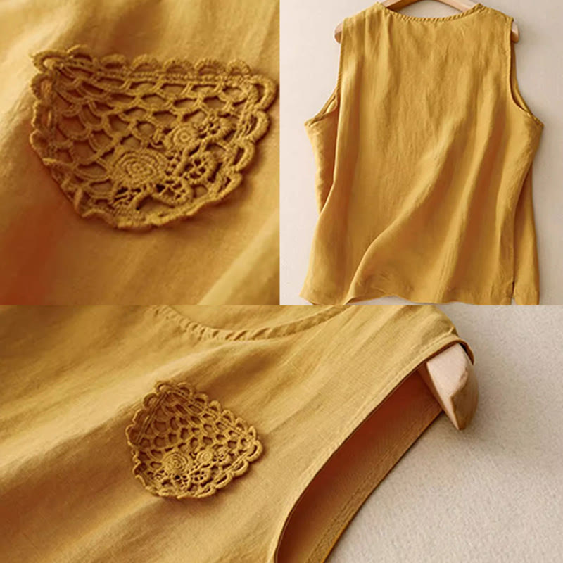 Buddha Stones Casual Pure Color Haft Patchwork Design Bez rękawów Okrągły Dekolt Damska Bawełniana Lniana Kamizelka - image 6