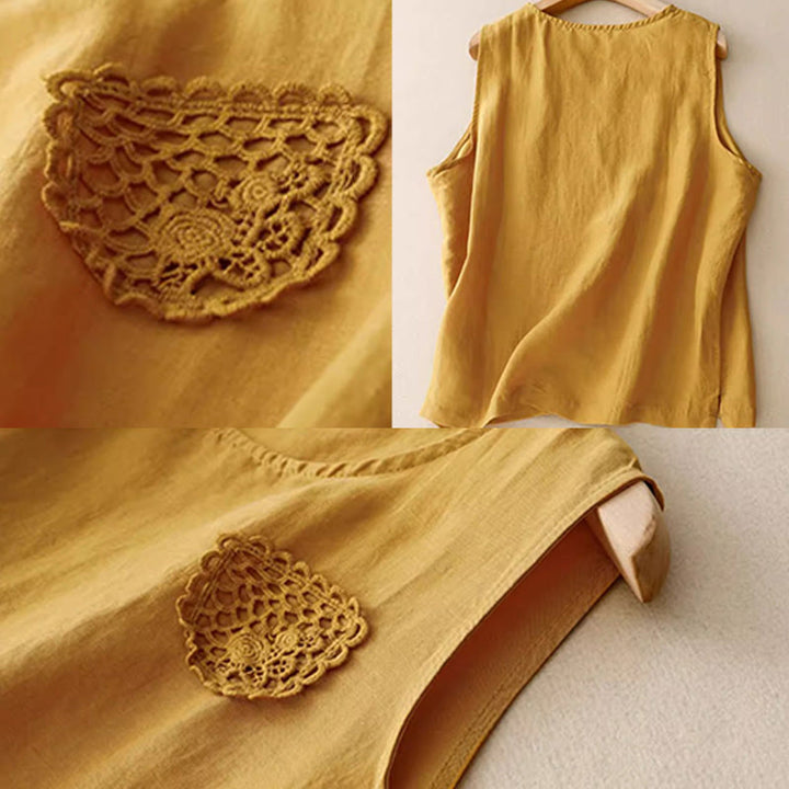 Buddha Stones Casual Pure Color Haft Patchwork Design Bez rękawów Okrągły Dekolt Damska Bawełniana Lniana Kamizelka - image 6