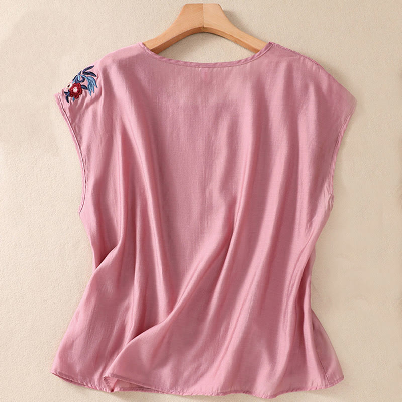 Buddha Stones Casual Vintage Gładki Haft Kwiatowy Wzór Kontrastowy Kolor Bez Rękawów Okrągły Dekolt Damska Bawełniana Lniana Kamizelka - image 1