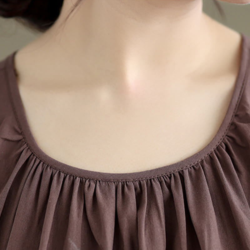 Buddha Stones Letnia artystyczna jednokolorowa plisowana z okrągłym dekoltem damska bawełniana lniana kamizelka - image 5