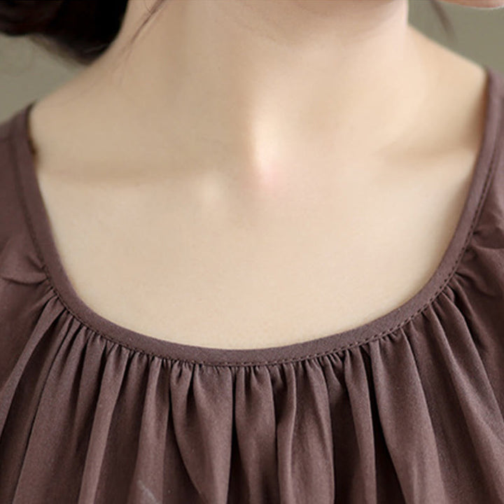 Buddha Stones Letnia artystyczna jednokolorowa plisowana z okrągłym dekoltem damska bawełniana lniana kamizelka - image 5