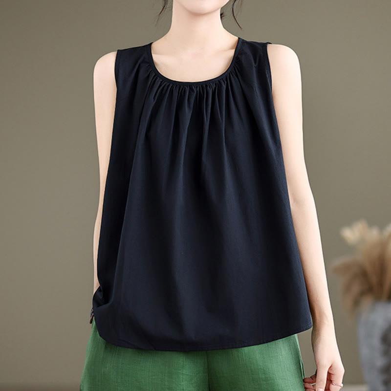 Buddha Stones Letnia artystyczna jednokolorowa plisowana z okrągłym dekoltem damska bawełniana lniana kamizelka - image 11