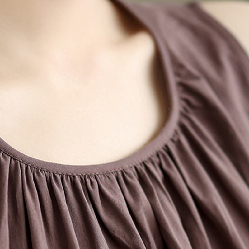 Buddha Stones Letnia artystyczna jednokolorowa plisowana z okrągłym dekoltem damska bawełniana lniana kamizelka - image 6