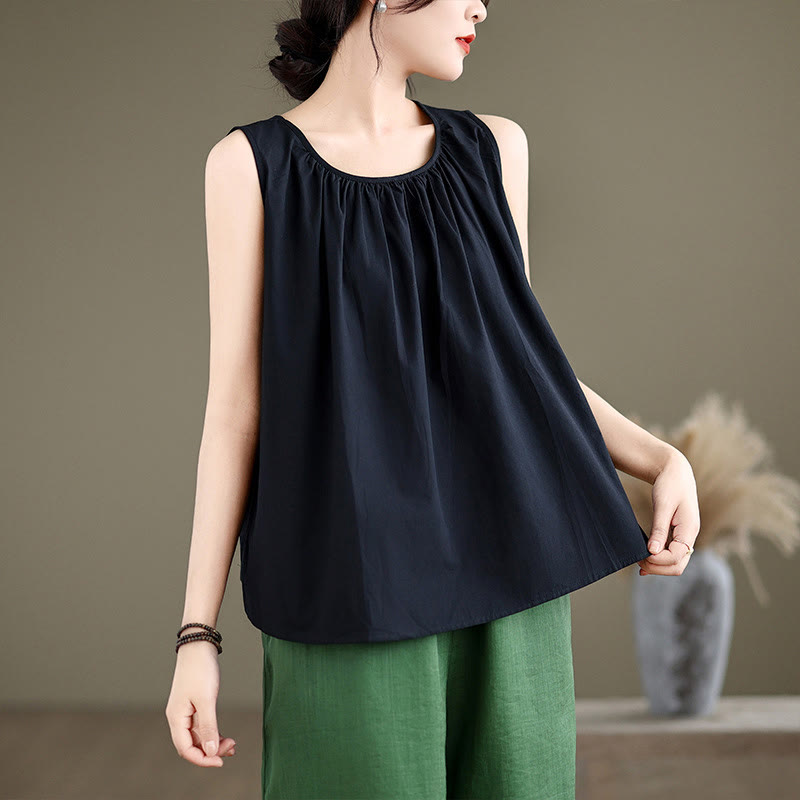 Buddha Stones Letnia artystyczna jednokolorowa plisowana z okrągłym dekoltem damska bawełniana lniana kamizelka - Czarny - US12, UK/AU16, EU44 (2XL) - image 10