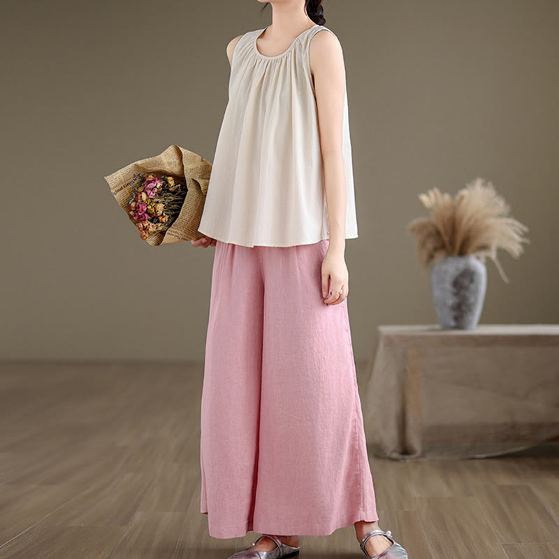 Buddha Stones Letnia artystyczna jednokolorowa plisowana z okrągłym dekoltem damska bawełniana lniana kamizelka - image 20