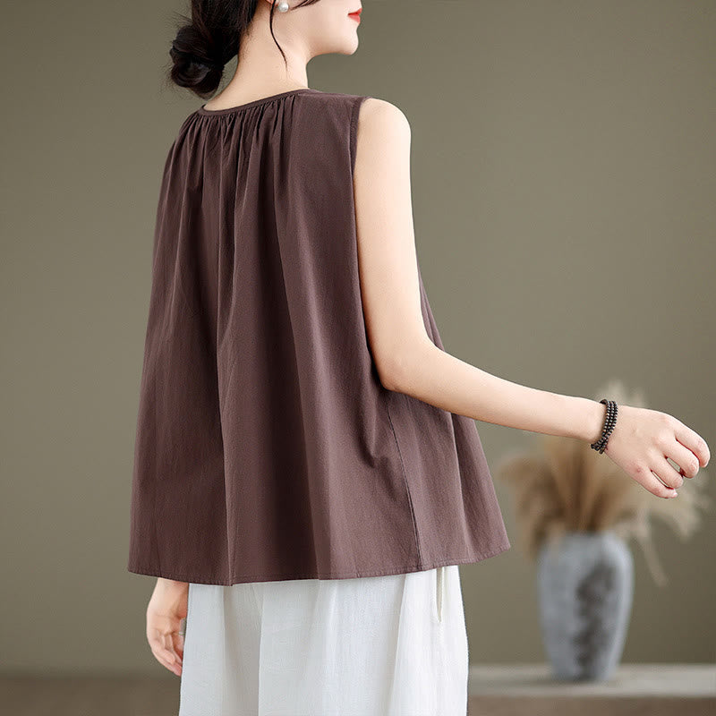 Buddha Stones Letnia artystyczna jednokolorowa plisowana z okrągłym dekoltem damska bawełniana lniana kamizelka - image 3