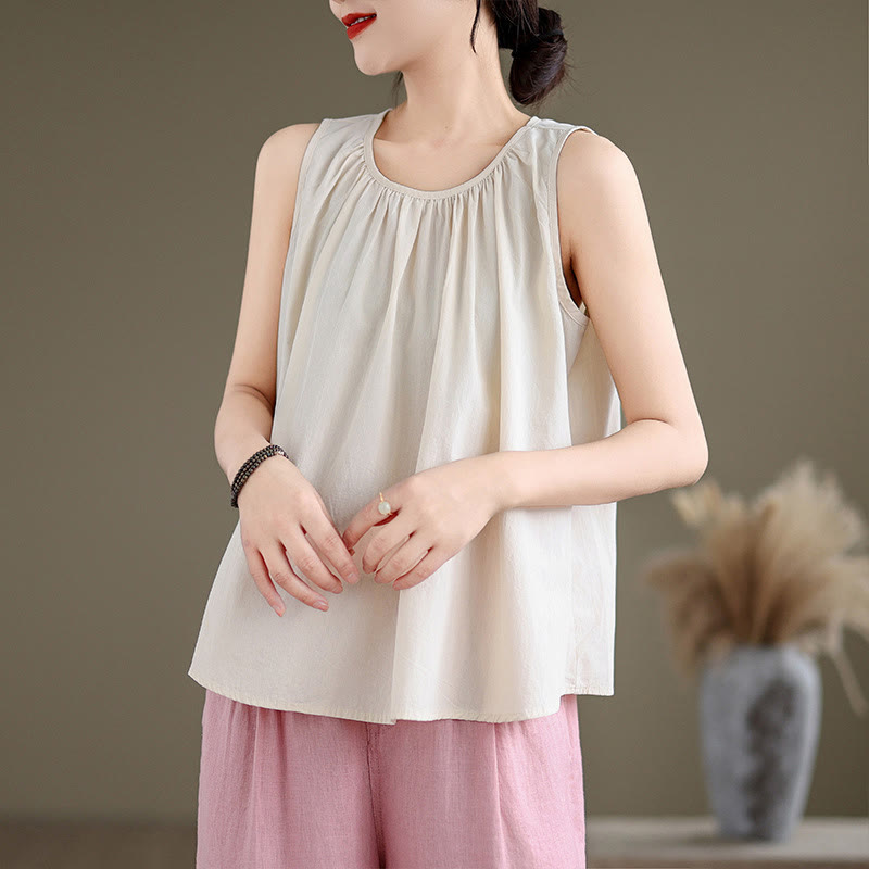 Buddha Stones Letnia artystyczna jednokolorowa plisowana z okrągłym dekoltem damska bawełniana lniana kamizelka - Beżowy - US12, UK/AU16, EU44 (2XL) - image 15