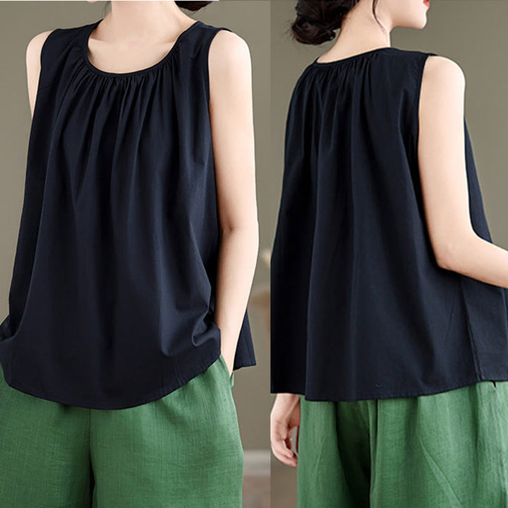 Buddha Stones Letnia artystyczna jednokolorowa plisowana z okrągłym dekoltem damska bawełniana lniana kamizelka - image 14