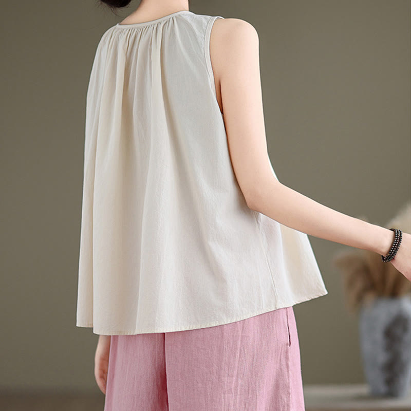 Buddha Stones Letnia artystyczna jednokolorowa plisowana z okrągłym dekoltem damska bawełniana lniana kamizelka - image 18