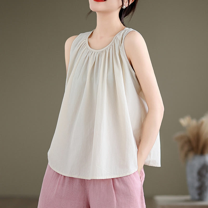 Buddha Stones Letnia artystyczna jednokolorowa plisowana z okrągłym dekoltem damska bawełniana lniana kamizelka - image 16