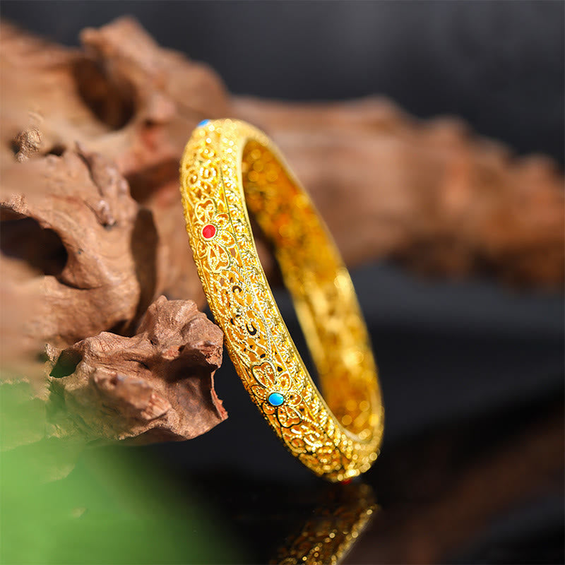 Buddha Stones Miedziane Złote Kwiaty Winorośl Wzór Bransoletka Szczęścia Bransoletka 2.44 IN (62 MM)
