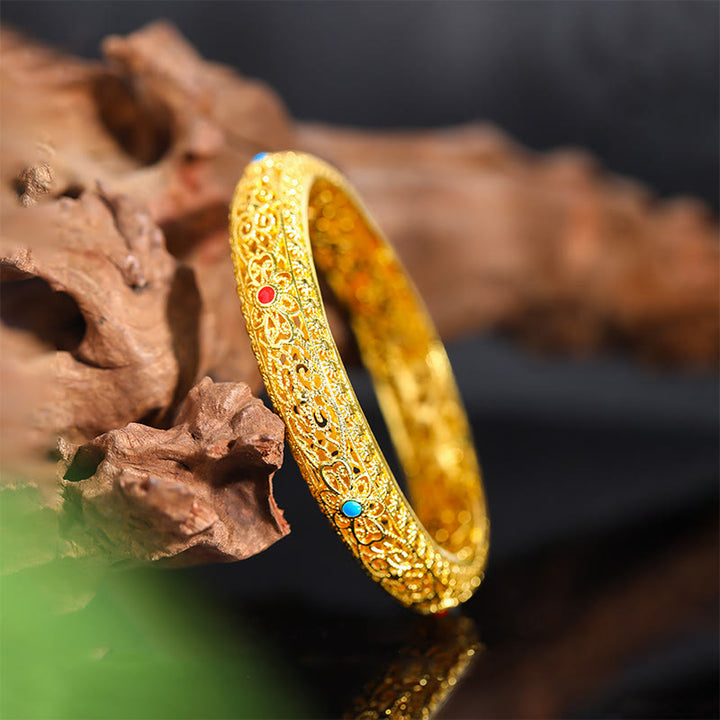 Buddha Stones Miedziane Złote Kwiaty Winorośl Wzór Bransoletka Szczęścia Bransoletka 2.44 IN (62 MM)