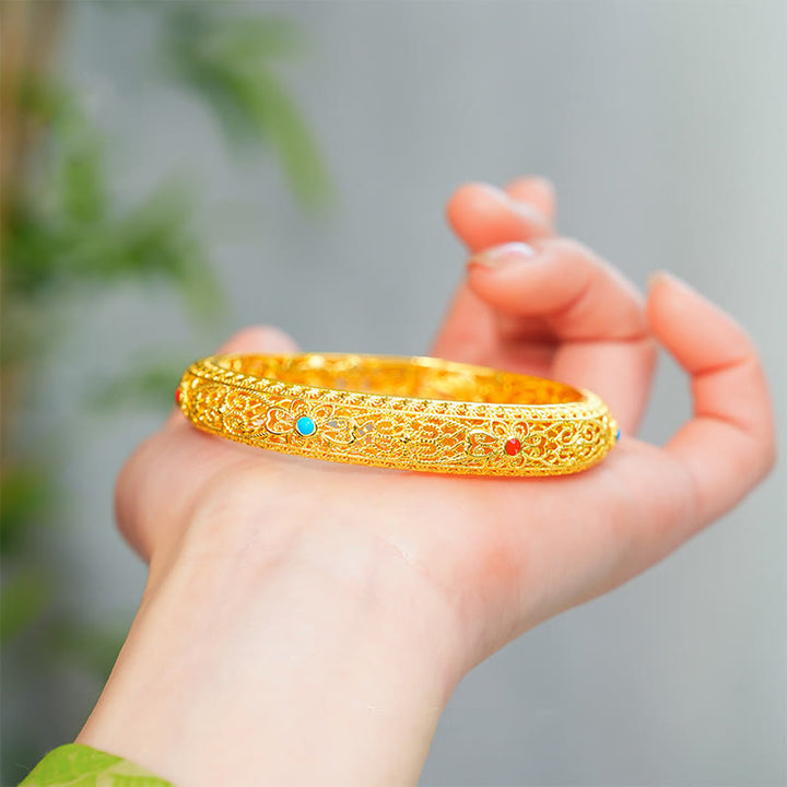 Buddha Stones Miedziane Złote Kwiaty Winorośl Wzór Bransoletka Szczęścia Bransoletka 2.44 IN (62 MM)
