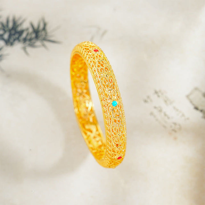Buddha Stones Miedziane Złote Kwiaty Winorośl Wzór Bransoletka Szczęścia Bransoletka 2.44 IN (62 MM)