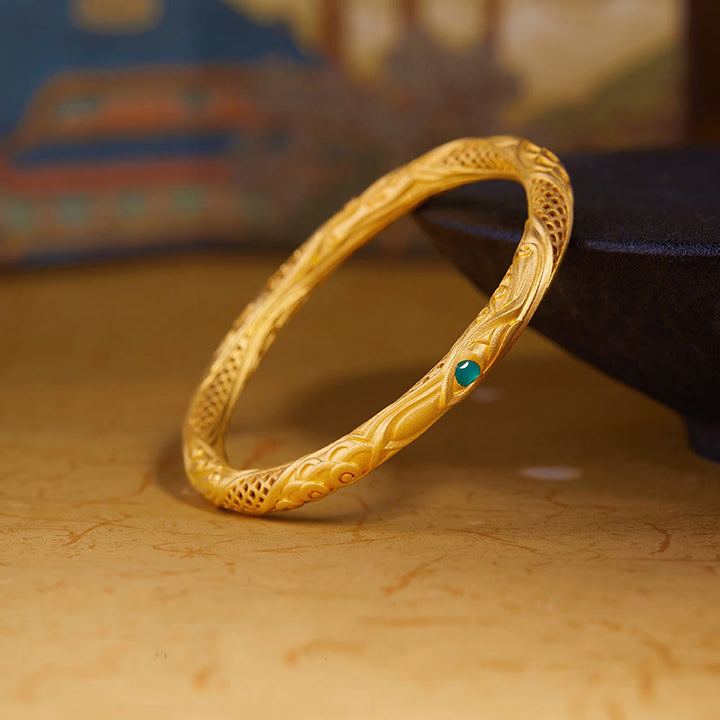 Buddha Stones 999 Srebro Sterlingowe Złoty Kwiat Pusty Wzór Błogosławieństwo Bransoletka Bangle