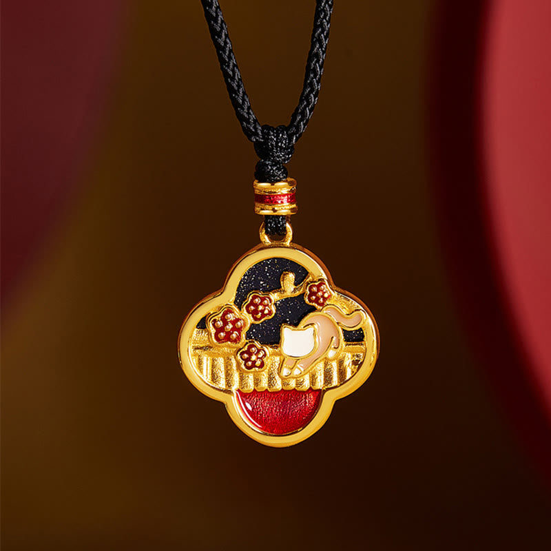 Buddha Stones 925 Srebro Sterlingowe Kot Śliwkowy Czterolistna Koniczyna Naszyjnik Błogosławieństwo Wisiorek - Srebro próby 925 - image 0