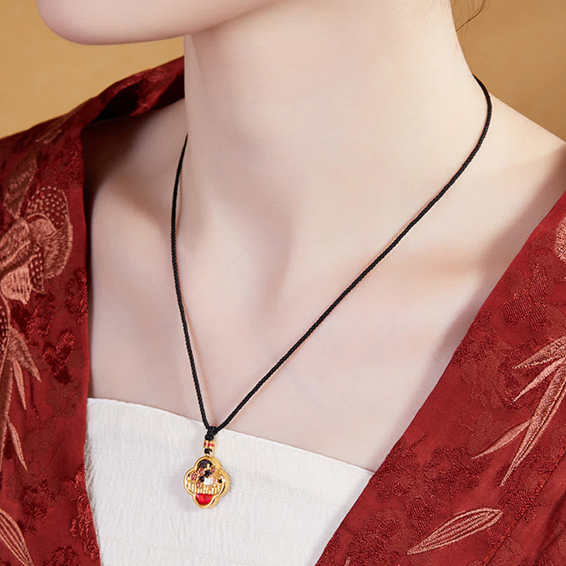 Buddha Stones 925 Srebro Sterlingowe Kot Śliwkowy Czterolistna Koniczyna Naszyjnik Błogosławieństwo Wisiorek - image 4