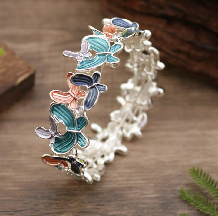 Buddha Stones Kolorowy Motyl Miłość Stop Elastyczna Bransoletka Bangle