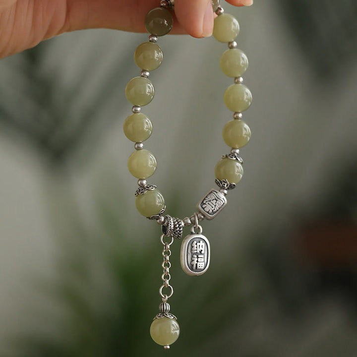 Buddha Stones Bransoletka szczęścia z koralików z jadeitu hetian ze srebra próby 925