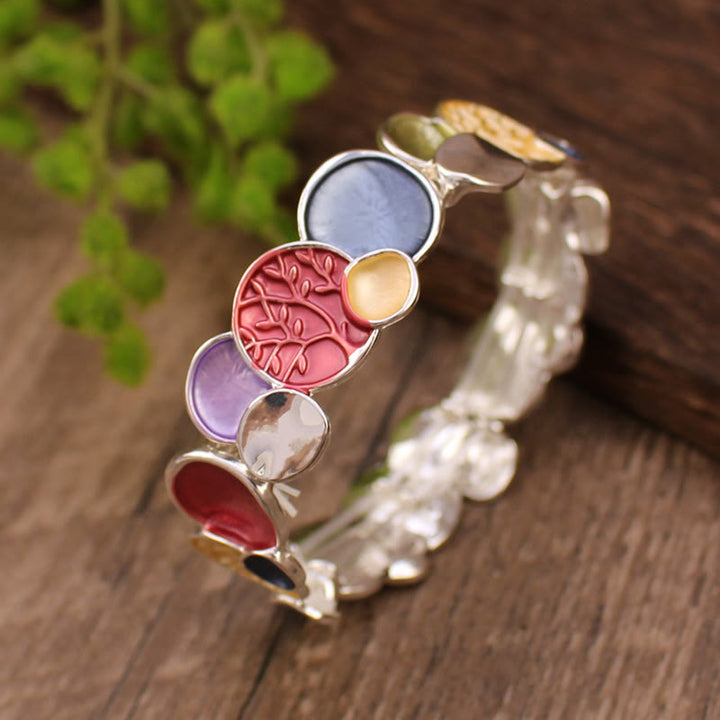 Buddha Stones Drzewo Życia Okrągły Wzór Jedności Stop Elastyczna Bransoletka Bangle