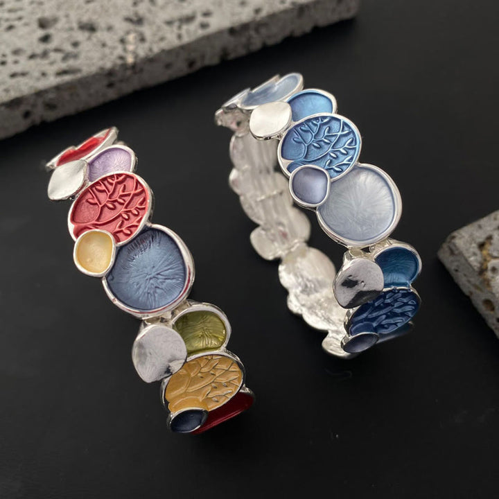 Buddha Stones Drzewo Życia Okrągły Wzór Jedności Stop Elastyczna Bransoletka Bangle