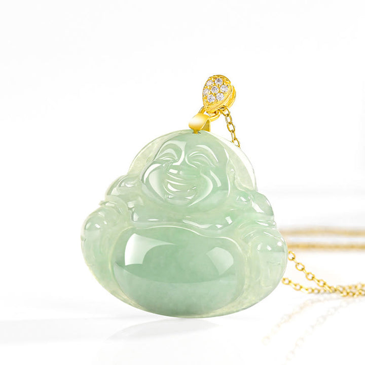 Buddha Stones 925 Srebro Sterling Naturalny Jadeit Śmiejący się Budda Szczęście Dobrobyt Łańcuch Naszyjnik Wisiorek - image 4