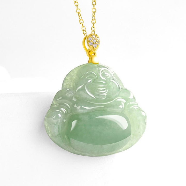 Buddha Stones 925 Srebro Sterling Naturalny Jadeit Śmiejący się Budda Szczęście Dobrobyt Łańcuch Naszyjnik Wisiorek - image 3
