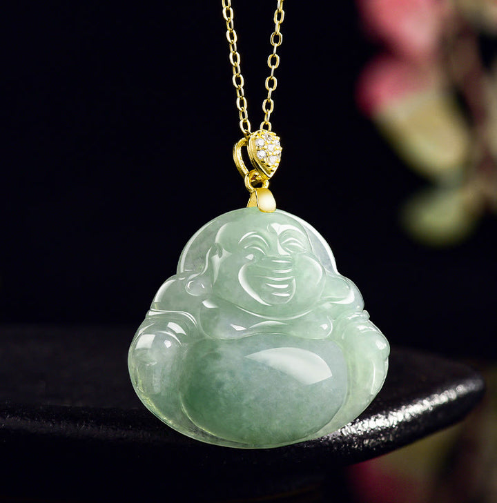 Naszyjnik z Buddha Stones z naturalnego jadeitu, śmiejącego się Buddy, szczęścia i dobrobytu, wykonany ze stali tytanowej - image 1