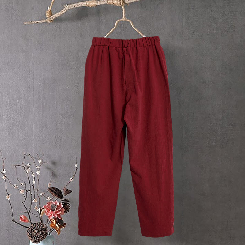 Buddha Stones Casual Pure Color Hollow Guziki Mankiety Spodnie Damskie Bawełniane Lniane Z Kieszeniami - image 14
