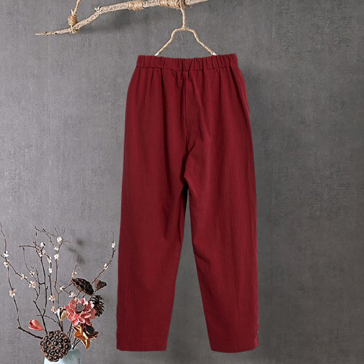 Buddha Stones Casual Pure Color Hollow Guziki Mankiety Spodnie Damskie Bawełniane Lniane Z Kieszeniami - image 14