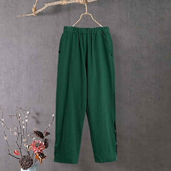 Buddha Stones Casual Pure Color Hollow Guziki Mankiety Spodnie Damskie Bawełniane Lniane Z Kieszeniami - Zielony - US14, UK/AU18, EU46 (3XL) - image 19