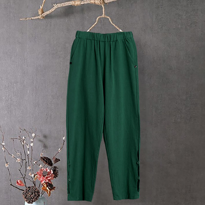 Buddha Stones Casual Pure Color Hollow Guziki Mankiety Spodnie Damskie Bawełniane Lniane Z Kieszeniami - image 18