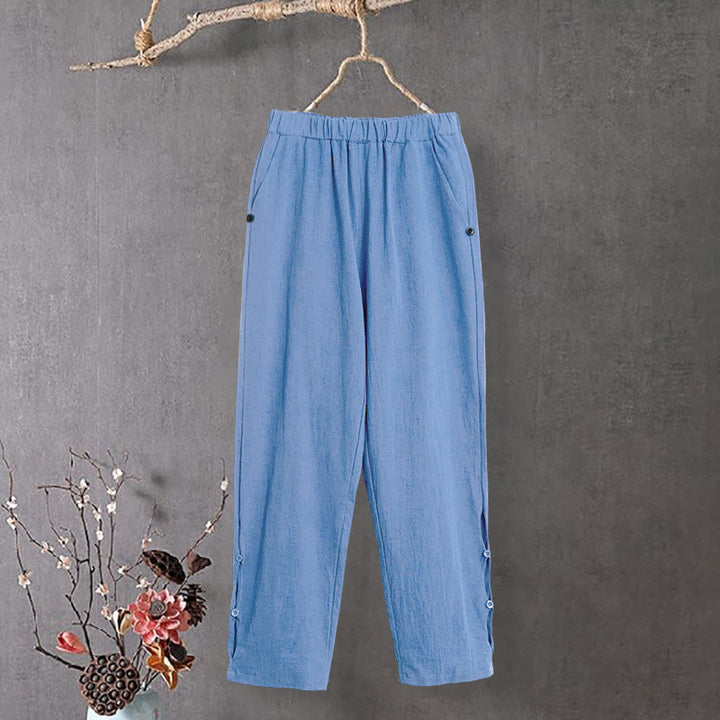 Buddha Stones Casual Pure Color Hollow Guziki Mankiety Spodnie Damskie Bawełniane Lniane Z Kieszeniami - image 15