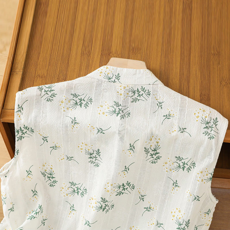 Buddha Stones Retro Nadruk Kwiatowy Roślinny Wzór Chiński Żaba-Guzik Damska Bawełniana Kamizelka Bez Rękawów - image 3