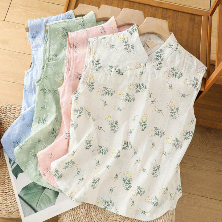 Buddha Stones Retro Nadruk Kwiatowy Roślinny Wzór Chiński Żaba-Guzik Damska Bawełniana Kamizelka Bez Rękawów - image 30