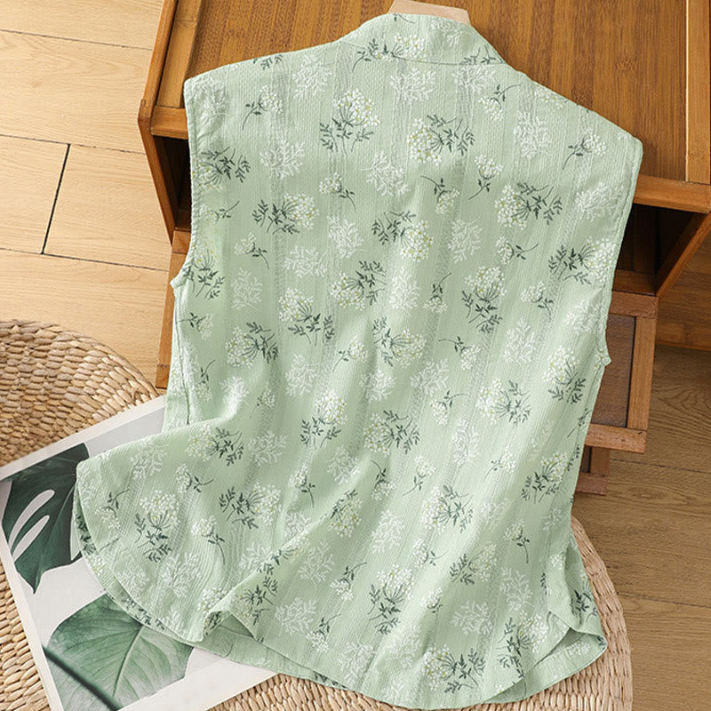 Buddha Stones Retro Nadruk Kwiatowy Roślinny Wzór Chiński Żaba-Guzik Damska Bawełniana Kamizelka Bez Rękawów - image 18