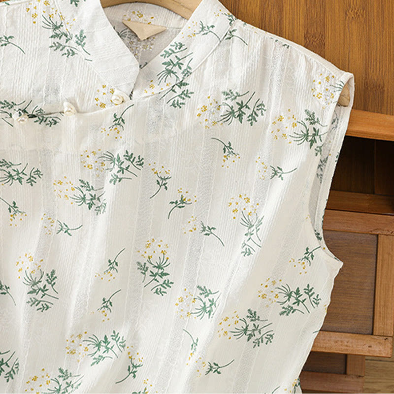 Buddha Stones Retro Nadruk Kwiatowy Roślinny Wzór Chiński Żaba-Guzik Damska Bawełniana Kamizelka Bez Rękawów - image 4