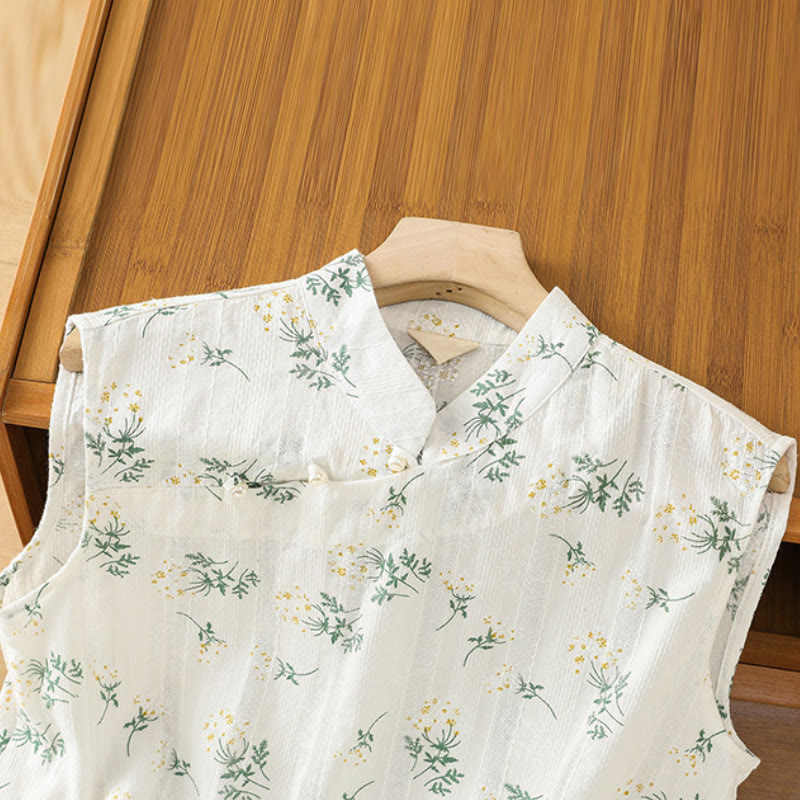 Buddha Stones Retro Nadruk Kwiatowy Roślinny Wzór Chiński Żaba-Guzik Damska Bawełniana Kamizelka Bez Rękawów - image 2